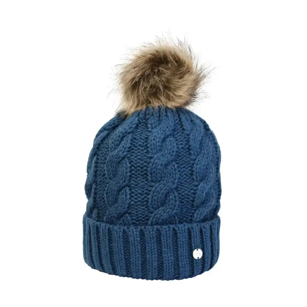 Navy blue hy equestrian melrose cable knit bobble hat with fluffy brown pom pom and ribbed cuff