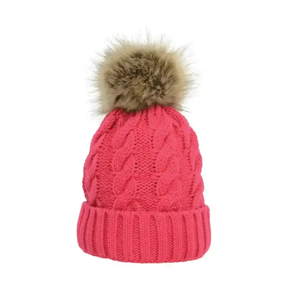 A vibrant pink Hy Equestrian Melrose cable knit bobble hat with a fluffy brown pom-pom on top
