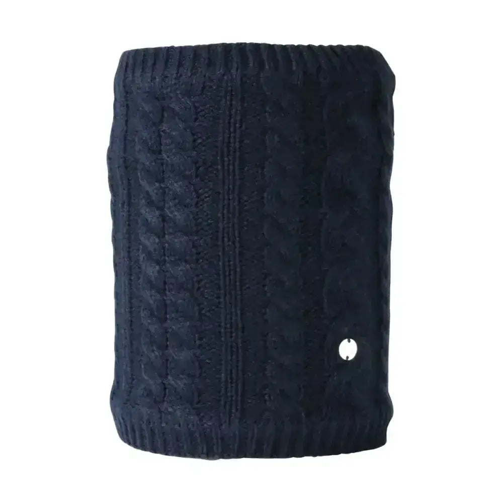 Dark navy blue knitted wrist warmer with ribbed edges and textured cable knit pattern from the equestrian melrose cable collection