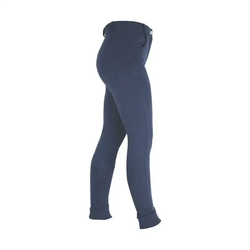 Navy blue hy equestrian melton childrens jodhpurs with fitted silhouette and elasticated cuffs classic jodhpur style