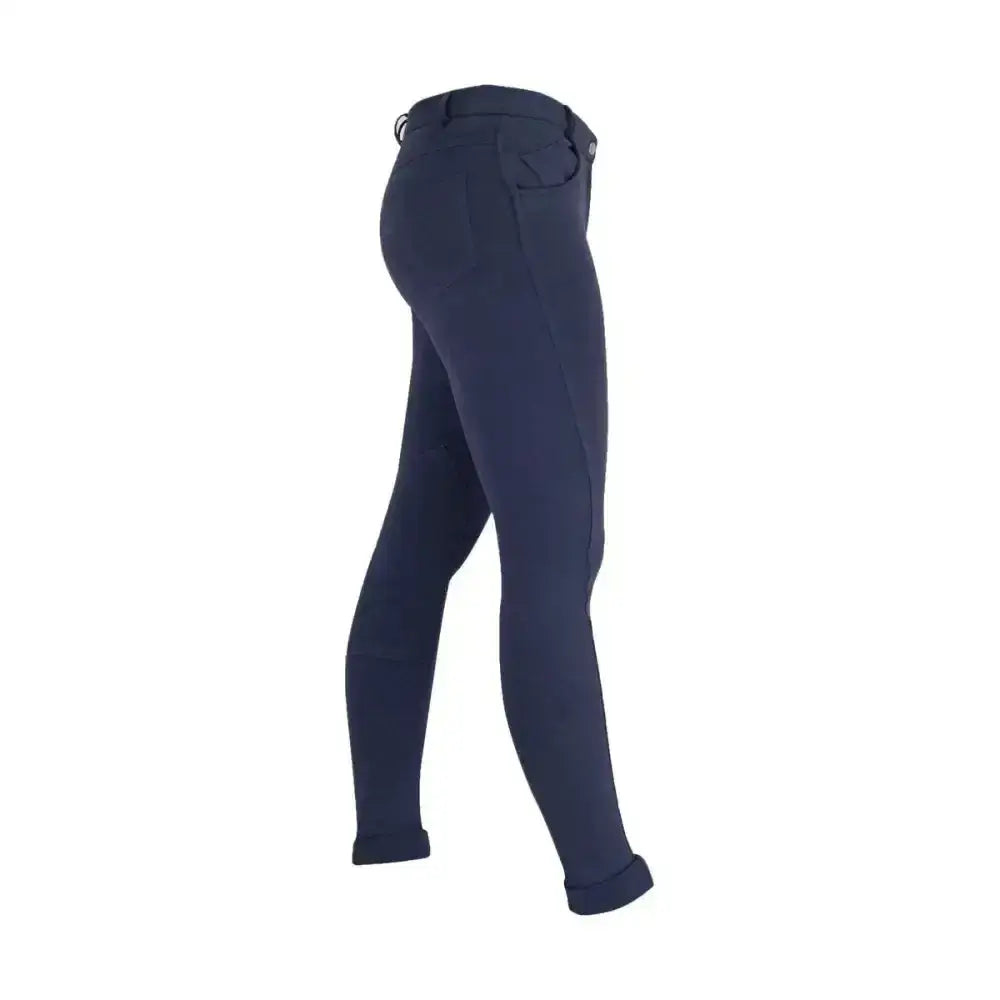 Navy blue sleek equestrian melton ladies jodhpurs with rolled cuffs and a classic jodhpur fit by hy equestrian