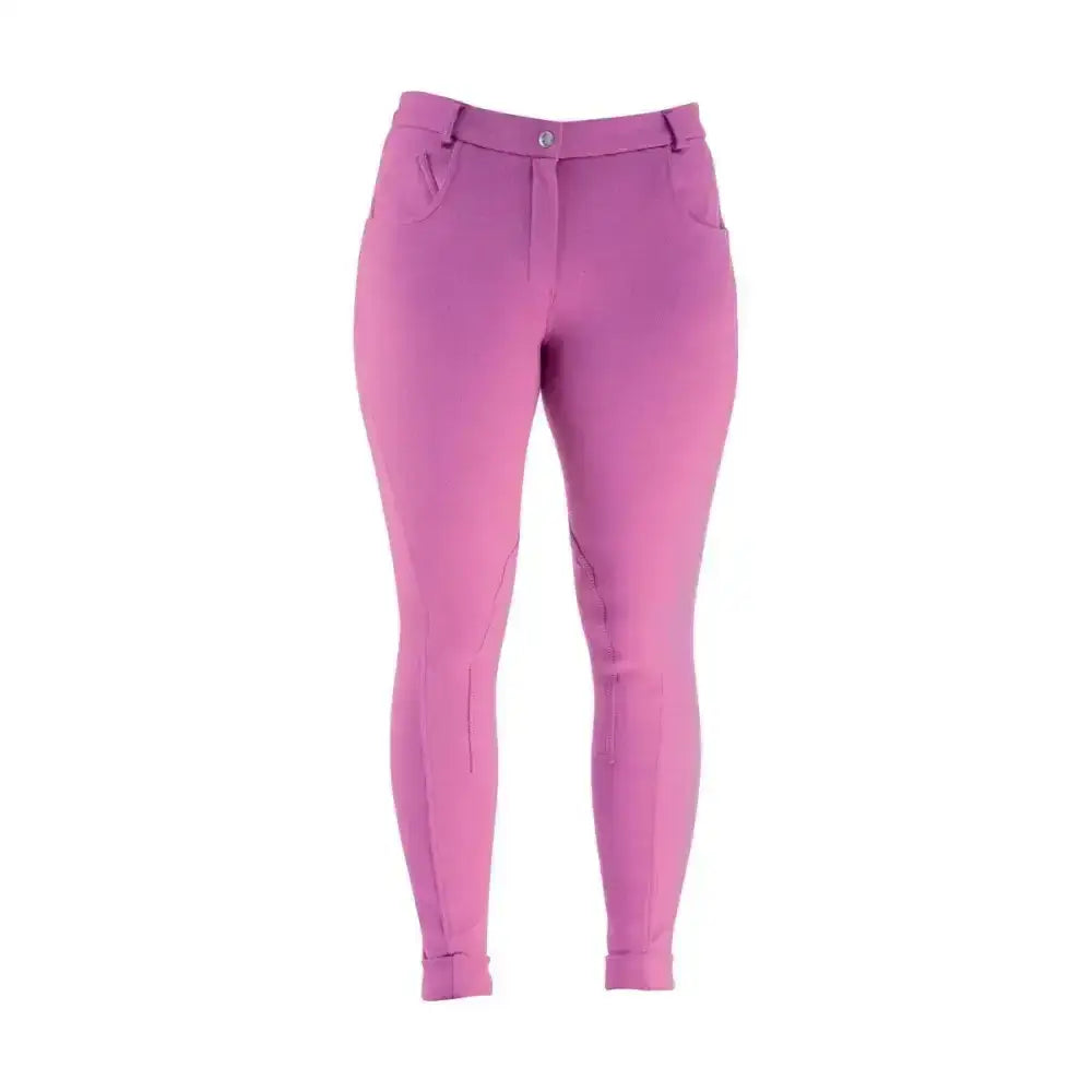 Pink equestrian melton ladies jodhpurs with smooth, form-fitting fabric and classic jodhpur design