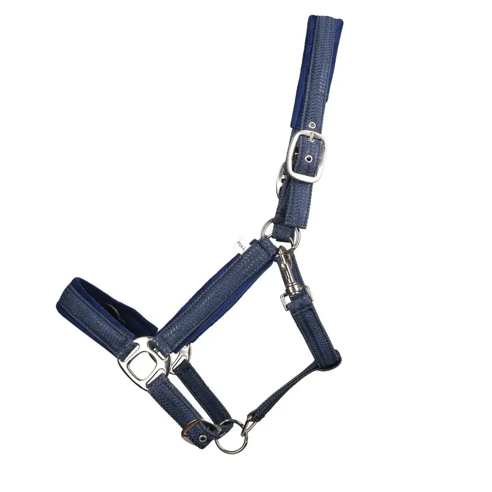 Navy blue textured leather shimmer head collar and lead rope set with silver hardware from hy equestrian mermaid shimmer collection