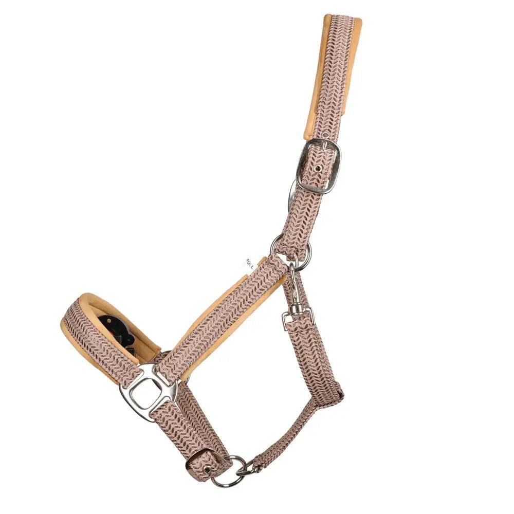 A taupe woven shimmer head collar with padded leather interior and silver hardware in the hy equestrian mermaid shimmer lead rope set