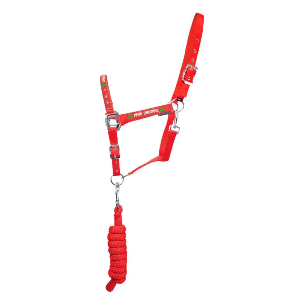 Red equestrian merry christmas head collar and lead rope with silver hardware and braided design for festive riding