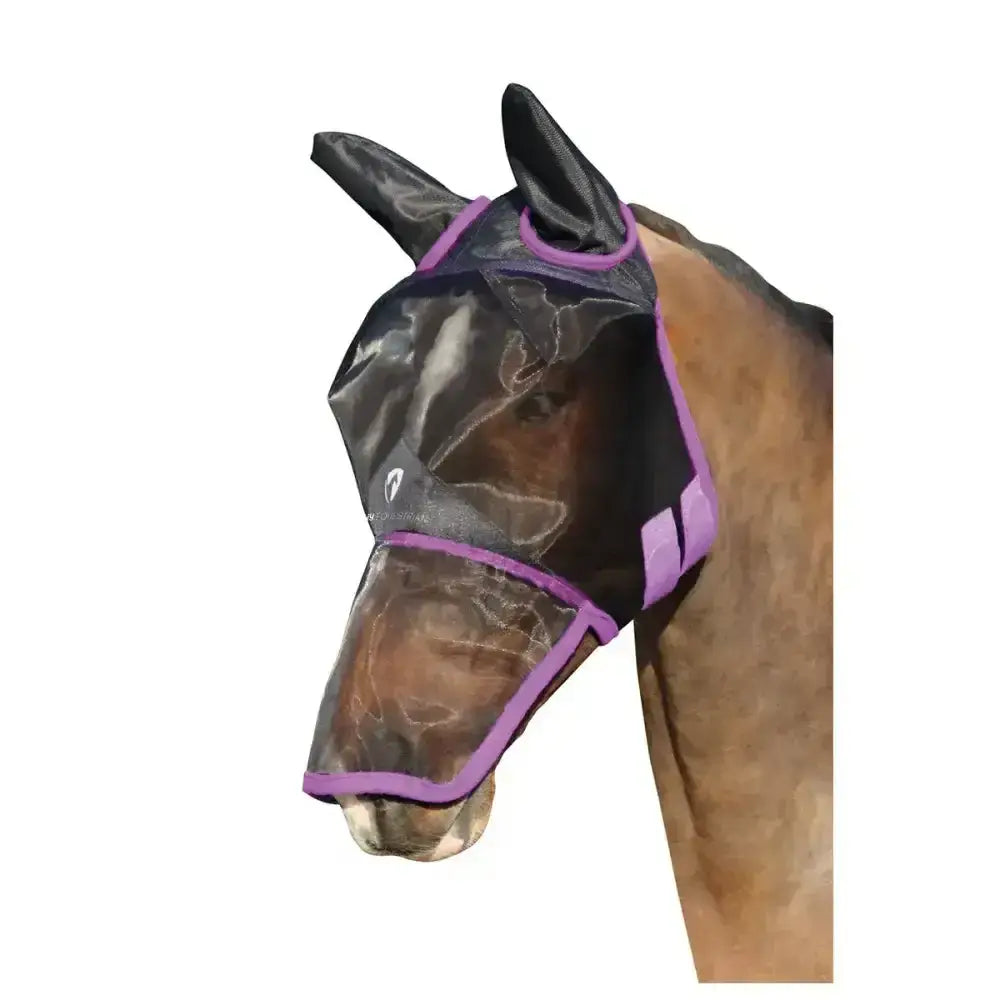 Hy equestrian mesh full fly mask with ears and nose in black mesh with purple trim and fleece panel details