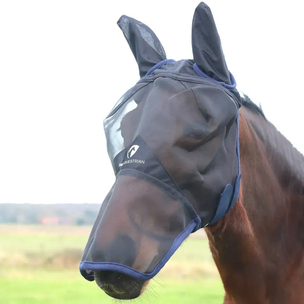 Black equestrian mesh fly mask with navy trim and small white logo featuring fleece panel for full coverage