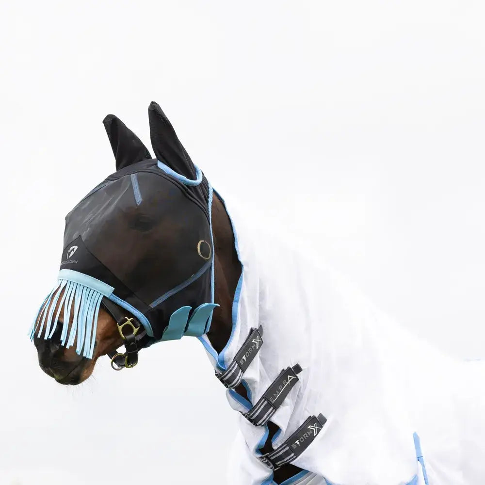 Hy Equestrian black mesh half mask with light blue trim fly fringe and adjustable straps for secure fit fly masks