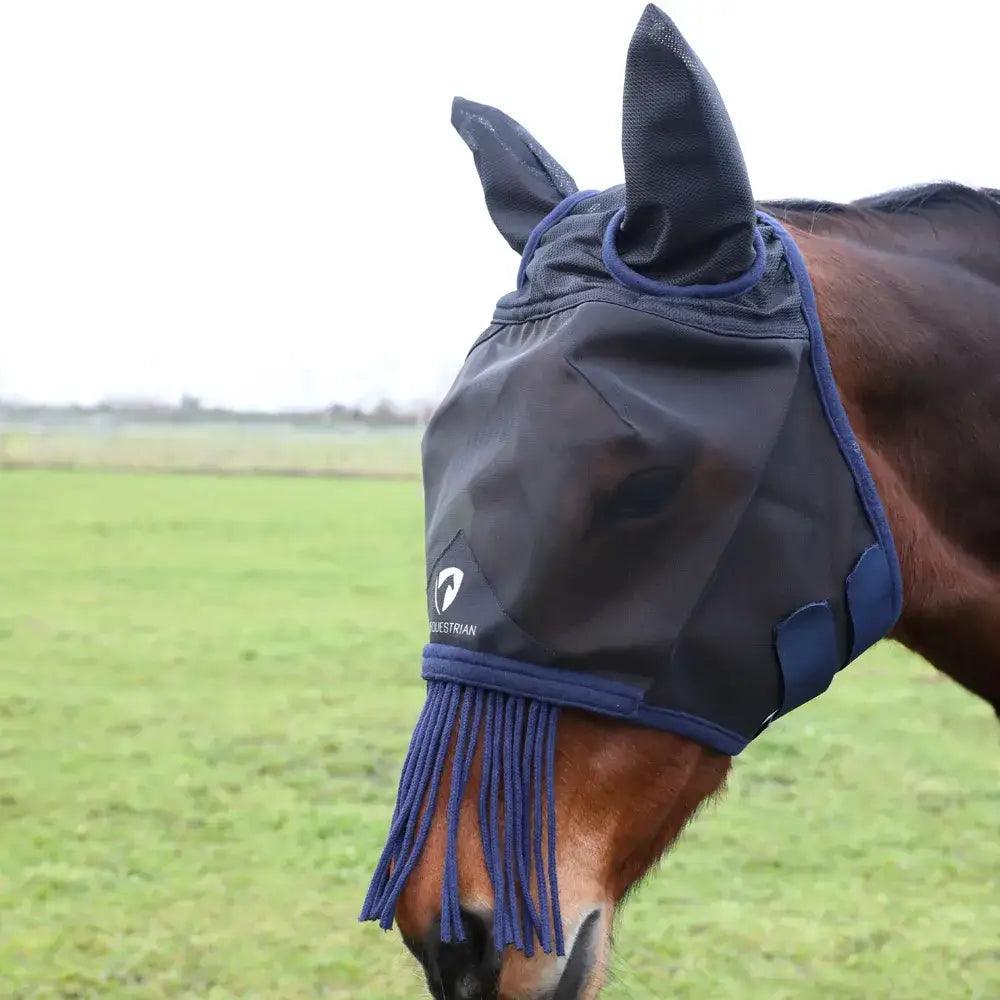 Dark navy equestrian mesh half mask with blue trim fly fringe and branded logo for fly masks protection