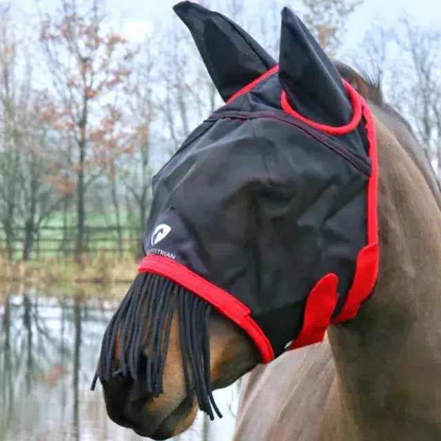 Black hy equestrian mesh half fly mask with ears and fringe in mesh fabric with red trim and small white logo on side