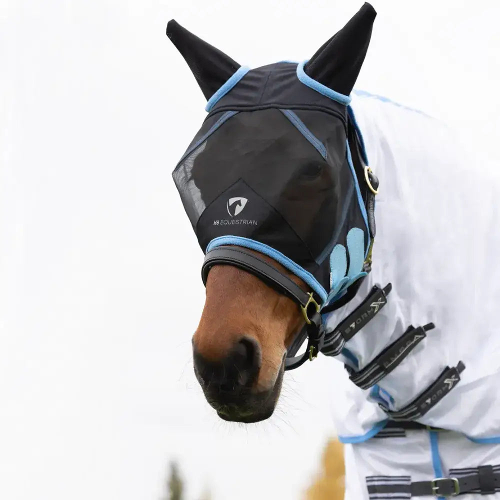 Black and light blue hy equestrian mesh half fly mask with ears featuring eye darts and adjustable straps
