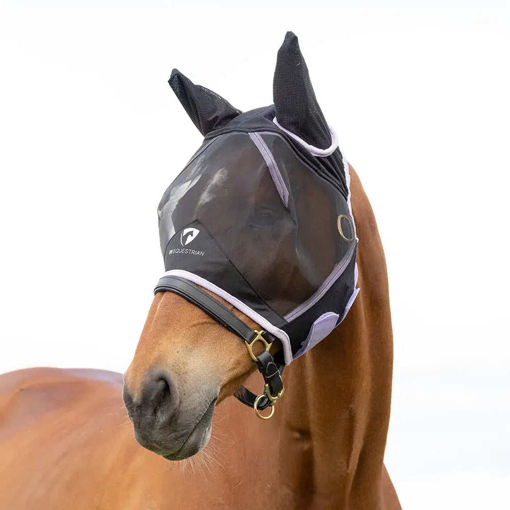 Black mesh equestrian mesh half fly mask with ears featuring white trim and eye darts with small logo on side