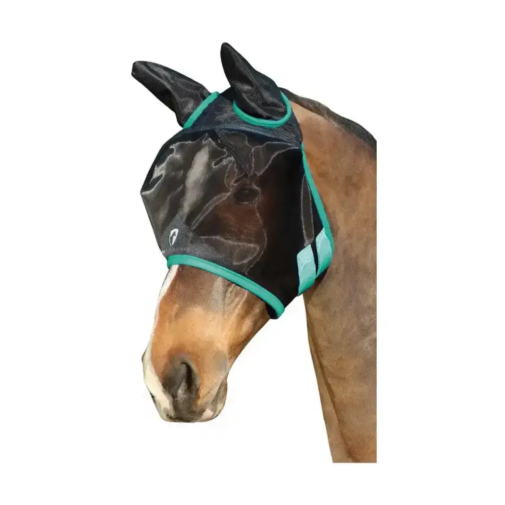 Black mesh horse fly mask with teal trim and ear flaps featuring eye darts hy equestrian mesh half mask