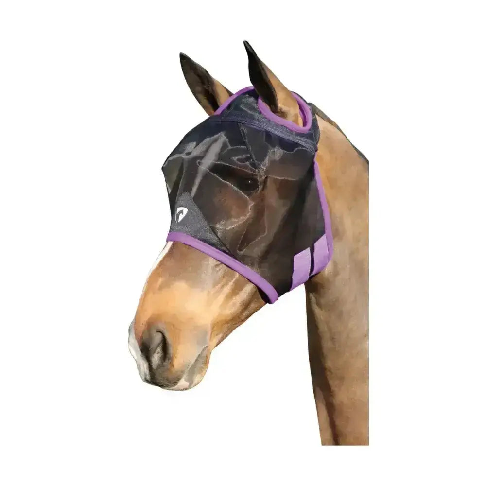 Hy Equestrian mesh half mask in black mesh with purple trim designed as a fly mask without ears for horses