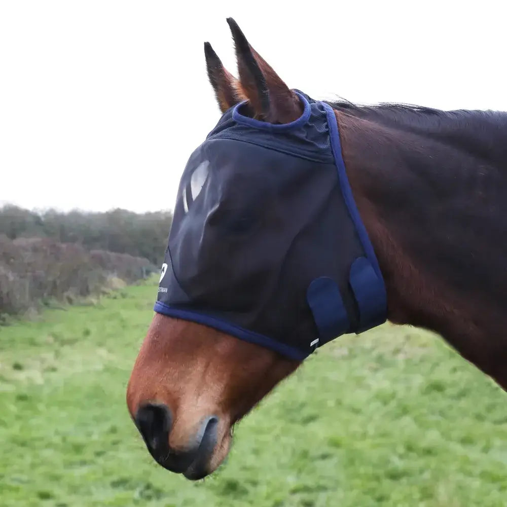 Dark blue equestrian mesh half mask with adjustable straps and padded sides designed as a fly mask without ears