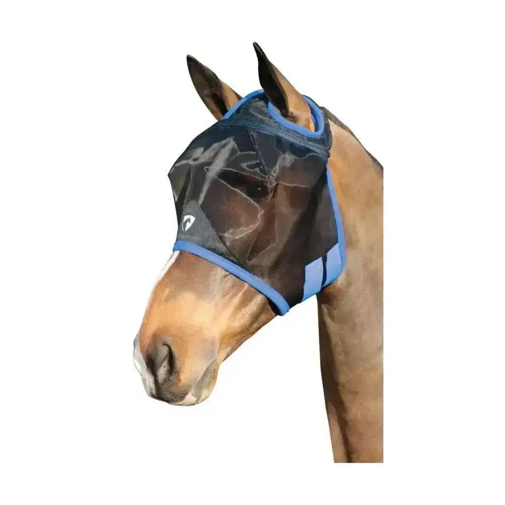 Black mesh half mask with blue trim and adjustable straps by hy equestrian perfect fly mask for horses