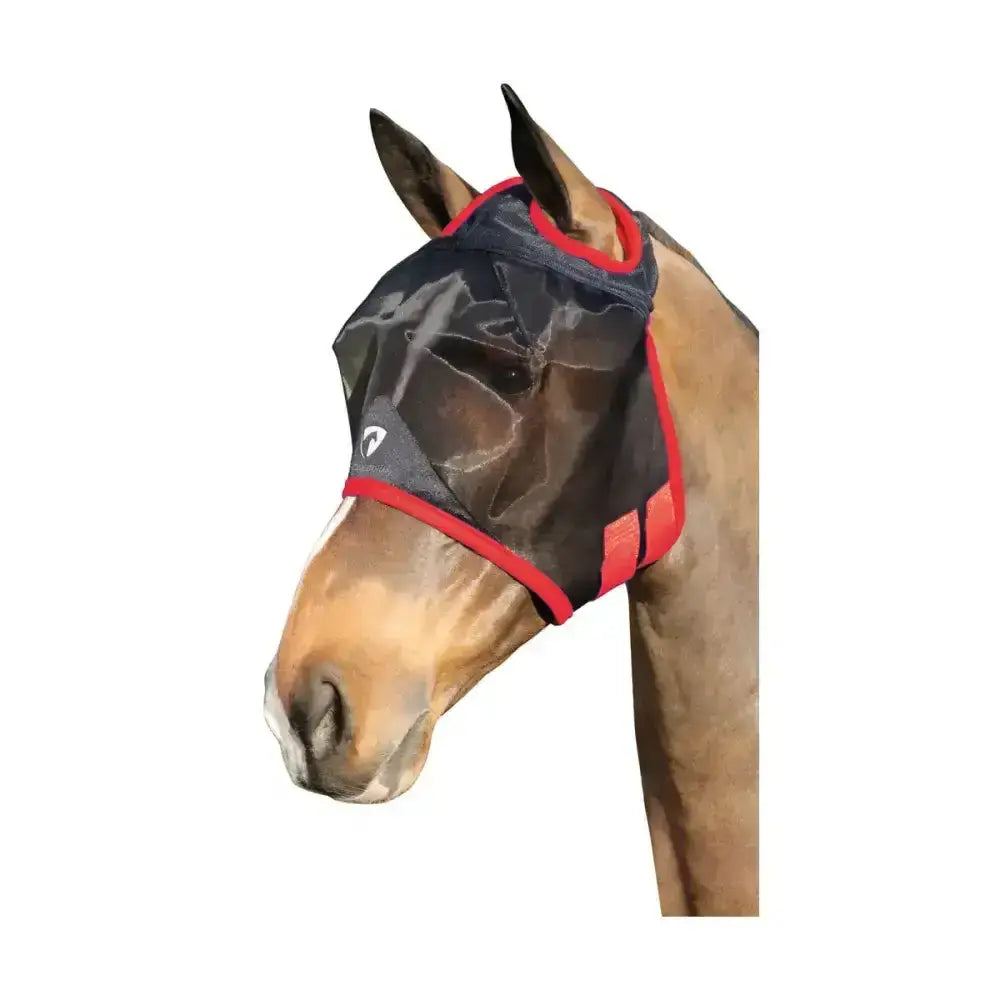 Black mesh horse fly mask with red trim and adjustable straps hy equestrian mesh half mask without ears