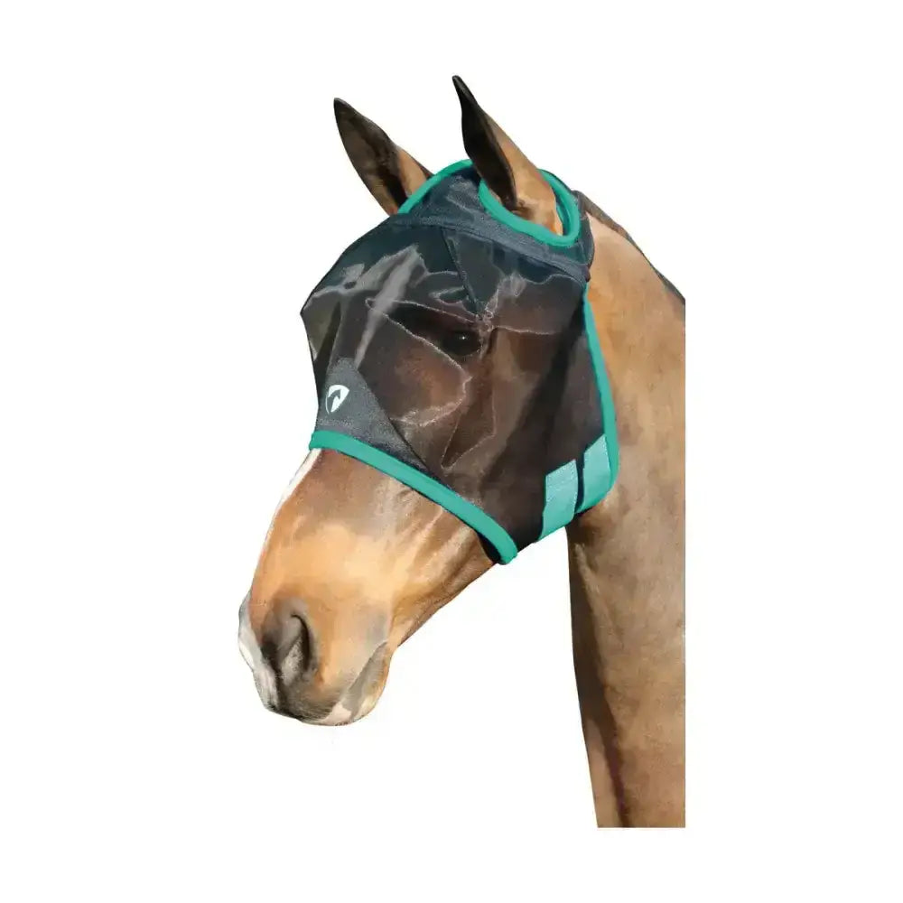 Teal and black mesh half mask with adjustable straps for fly protection in the hy equestrian mesh half mask without ears