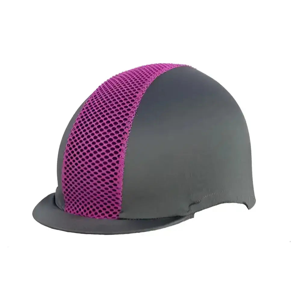 Gray hy equestrian mesh hat cover with vibrant pink center mesh panel perfect for riding attire