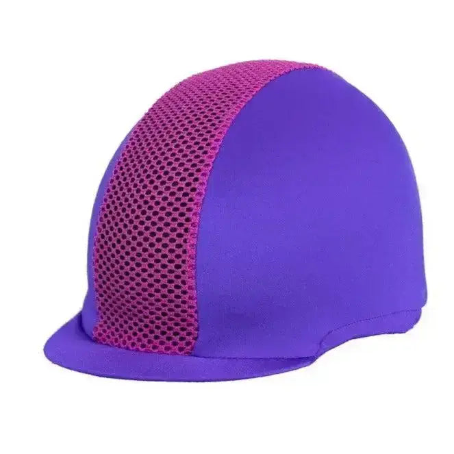 Purple hy equestrian mesh hat cover with magenta mesh panel down center perfect for riding attire