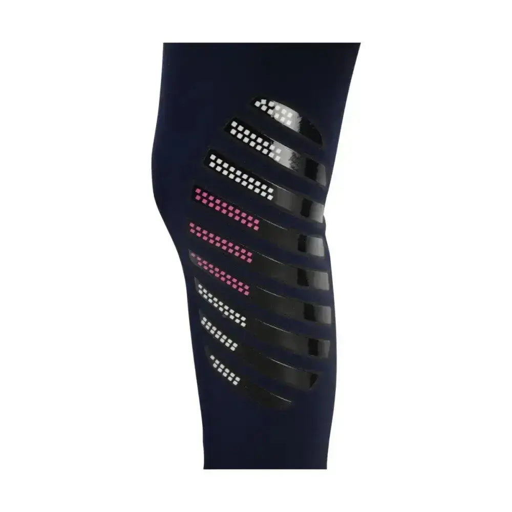 Navy blue mizs eugenie breeches with pink and white reflective stripes made of bi-stretch material and silicone knee patches