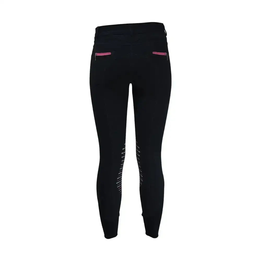 Black equestrian mizs passion riding breeches with pink zippers and white reflective stripes on outer thighs