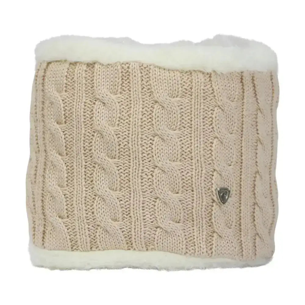 Cream-colored equestrian morzine children’s snood with cable-knit design and plush white fleece lined knitted snood interior