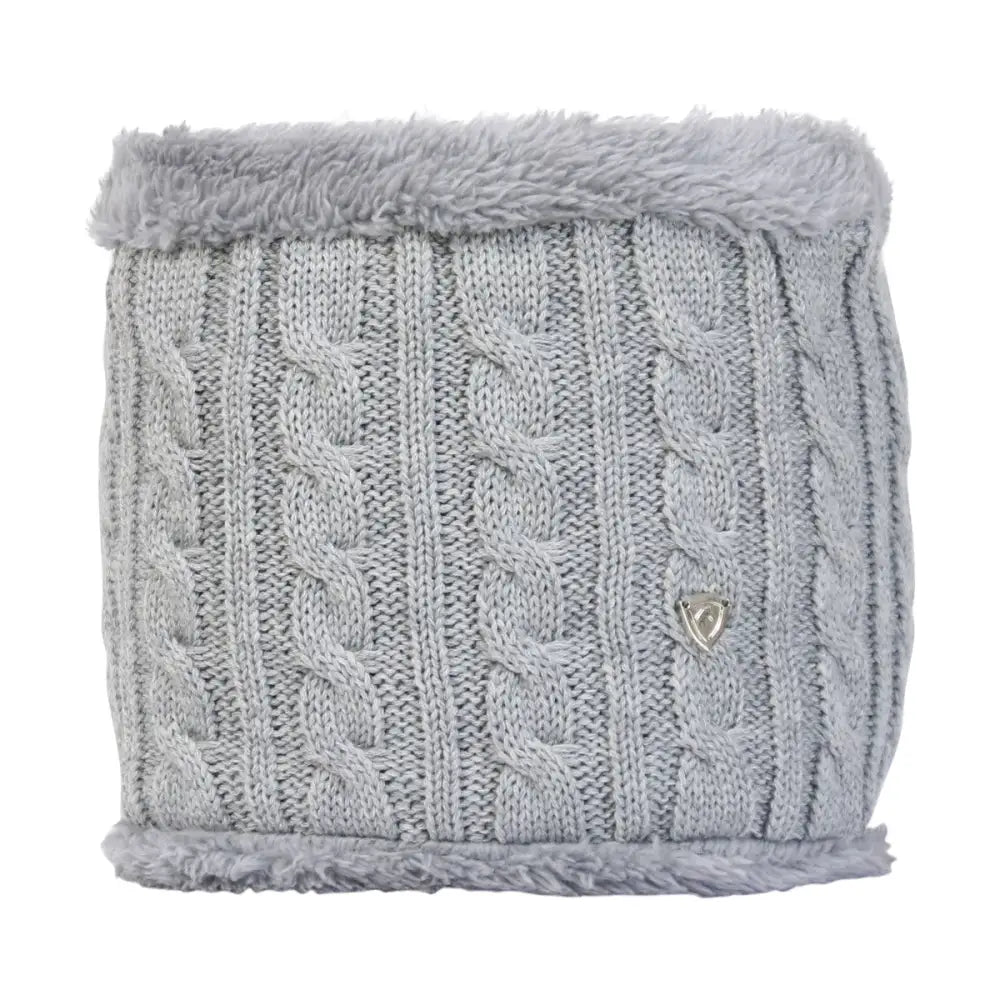 Gray fleece lined knitted snood with cable knit texture and metallic logo in the equestrian morzine children’s snood range