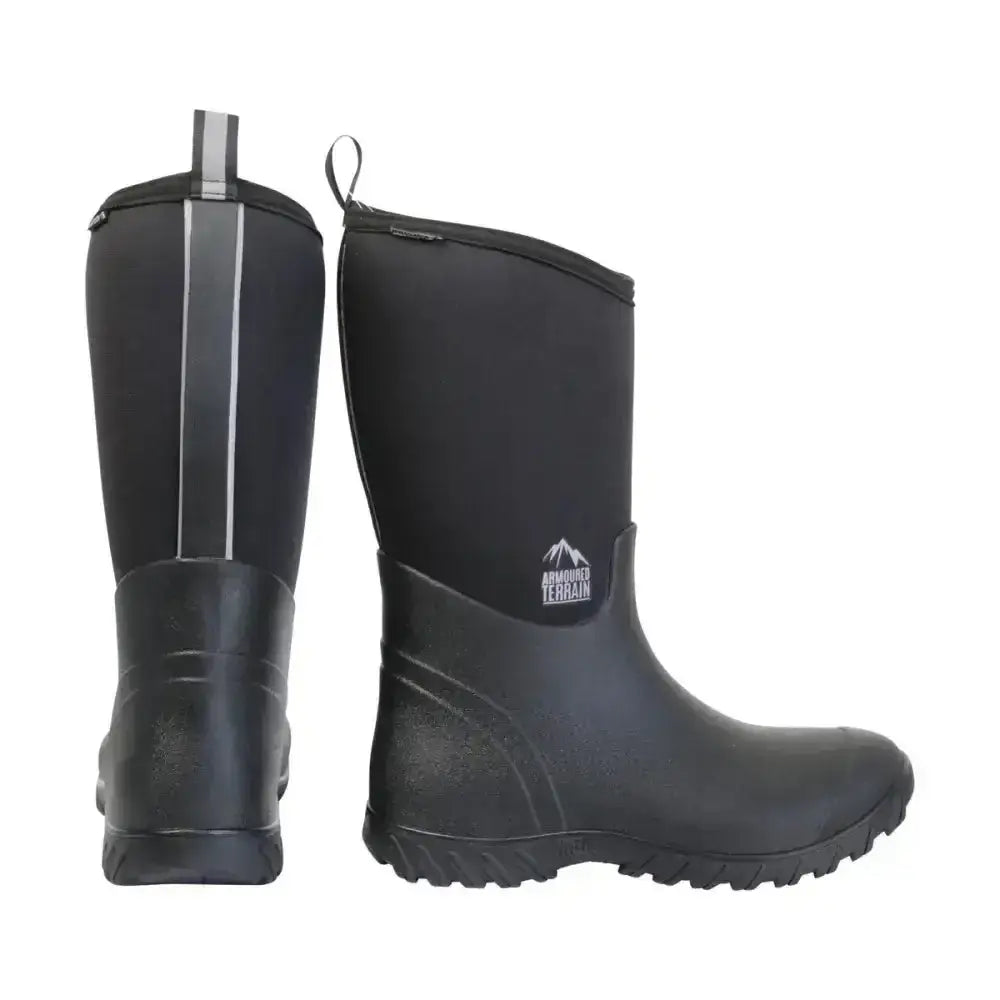 Back view of black hy equestrian mud boots with reflective stripe and neoprene upper short yard boots design