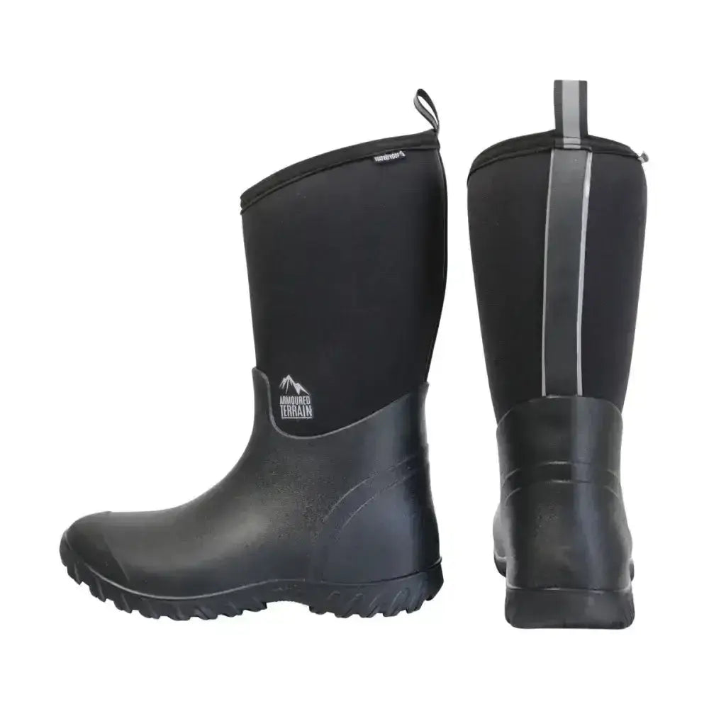 Black equestrian mud boots with neoprene upper and reflective stripe featuring advanced terrain logo for tough yards