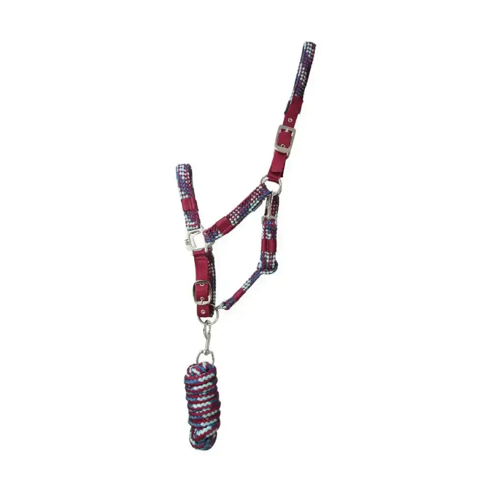 Hy equestrian multicolour adjustable head collar in maroon and purple with smart multi coloured braided lead rope