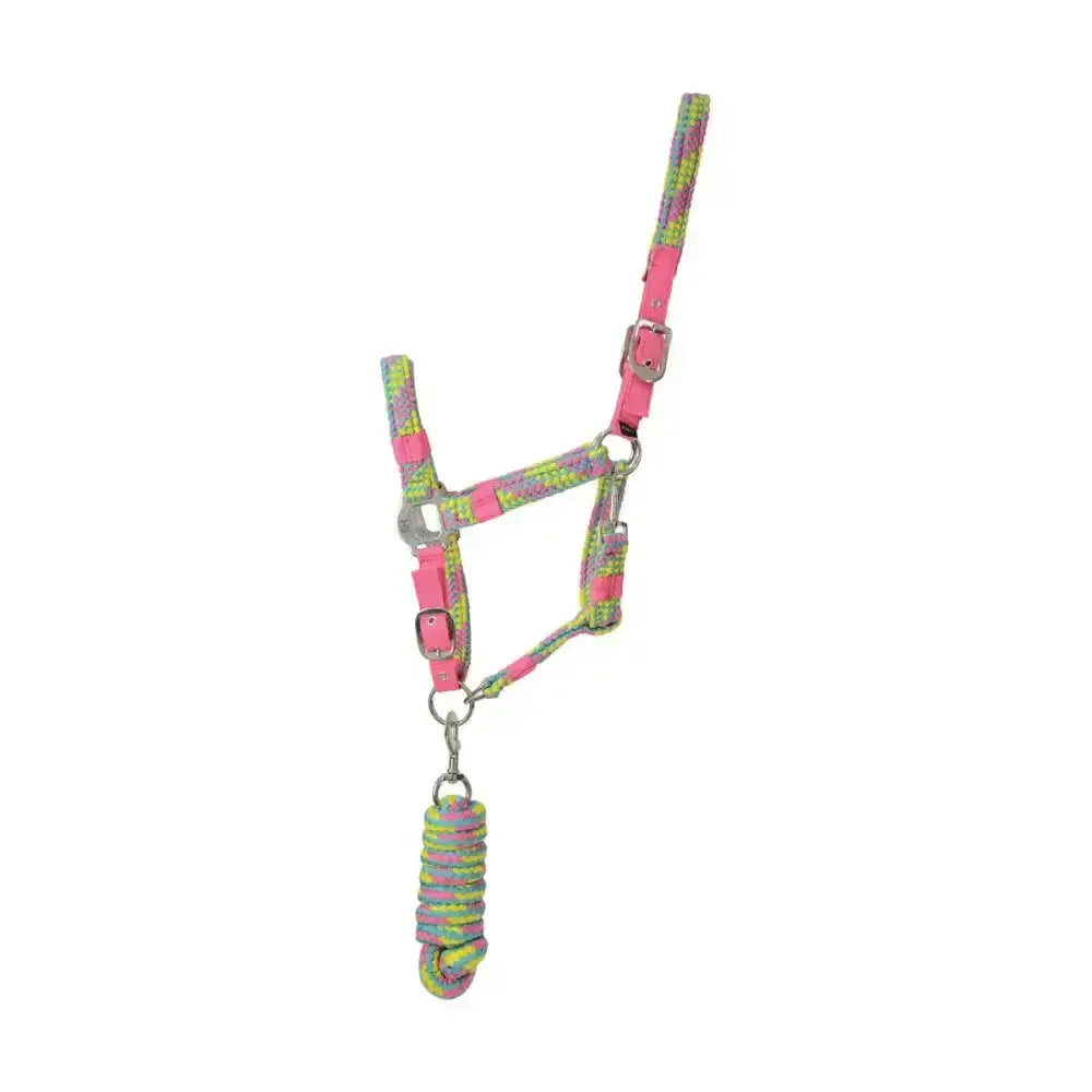 Pink and green hy equestrian multicolour adjustable horse halter with smart multi-coloured braided lead rope