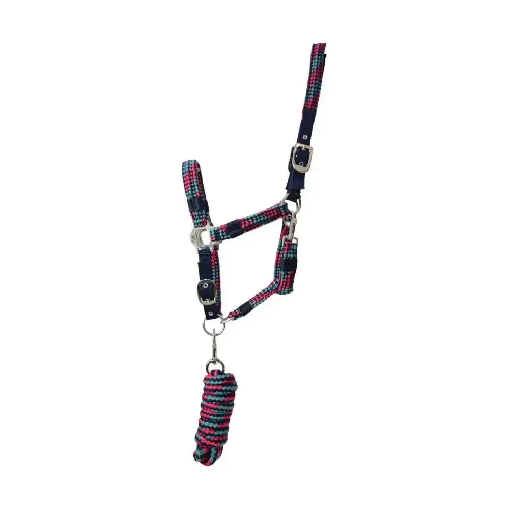 Hy Equestrian multicolour adjustable head collar with navy blue pink patterned rope and silver hardware halter