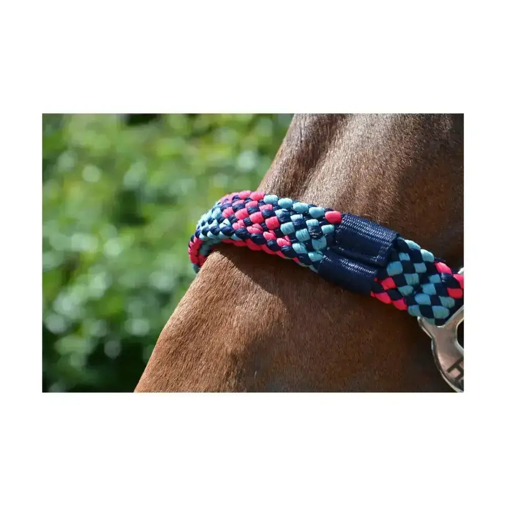 Hy Equestrian multicolour adjustable braided horse halter in navy blue and pink rope with checkered pattern