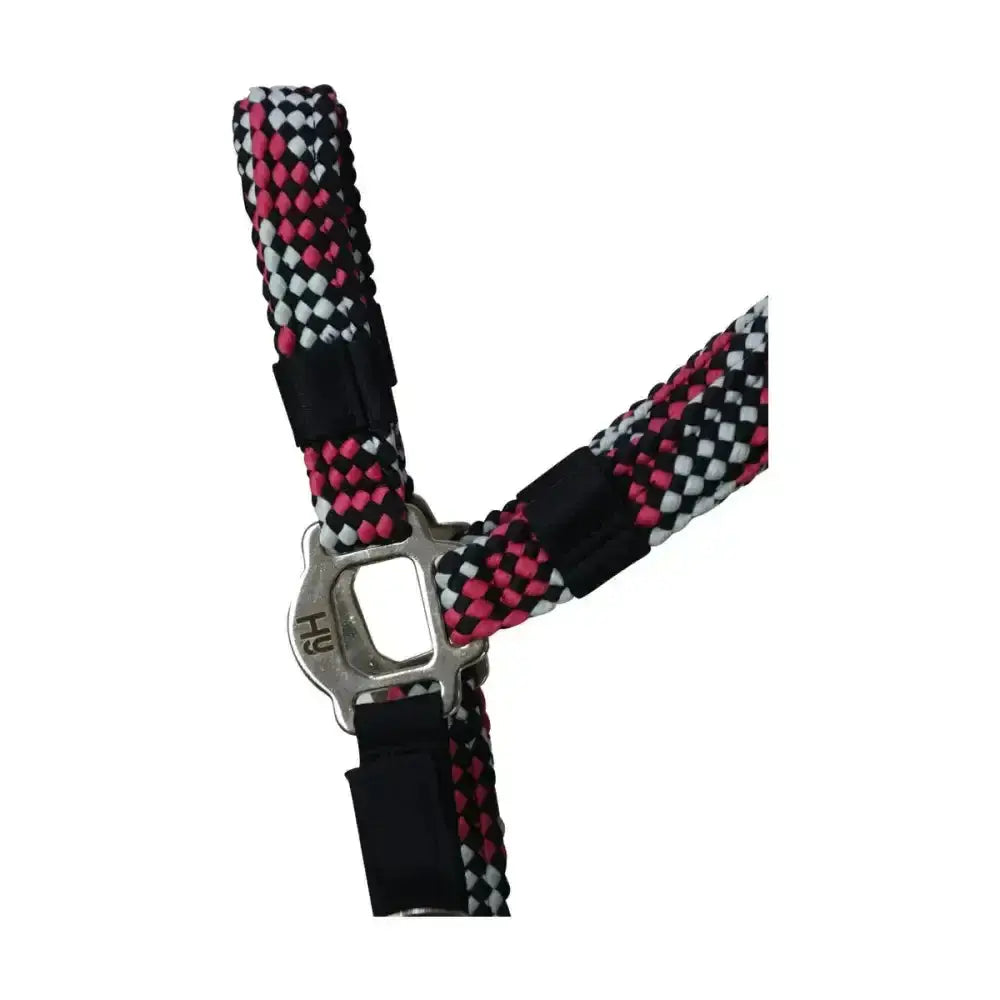 Hy Equestrian multicolour adjustable head collar featuring a smart multi-coloured braided pink black and white rope with silver buckle