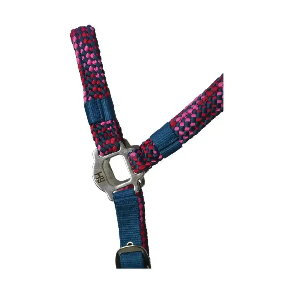 A vibrant pink and navy blue smart multi coloured braided horse halter with silver metal buckle by hy equestrian