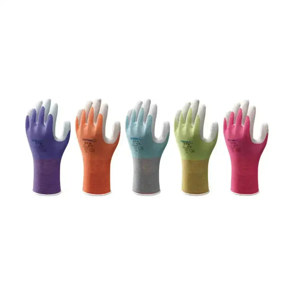 Five colorful hy equestrian multipurpose stable gloves with white fingertips and reinforced palms in bright colors