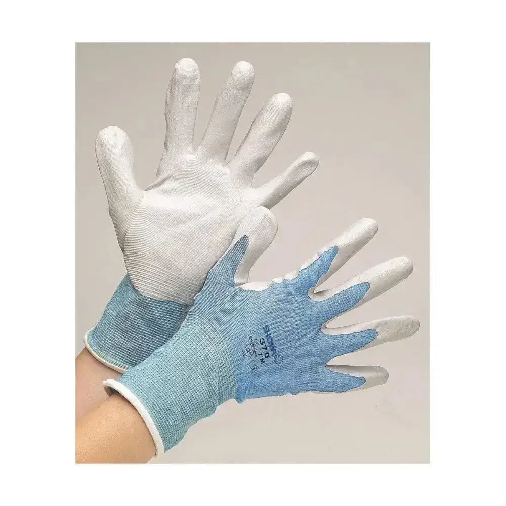 Light blue and white hy equestrian multipurpose stable glove with textured grip coating on fingers for better hold