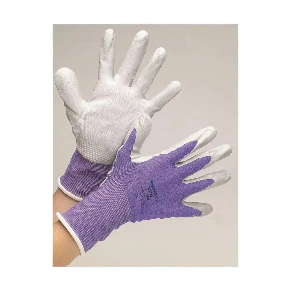 Purple and white hy equestrian multipurpose stable glove with textured grip on fingers for versatile stable work