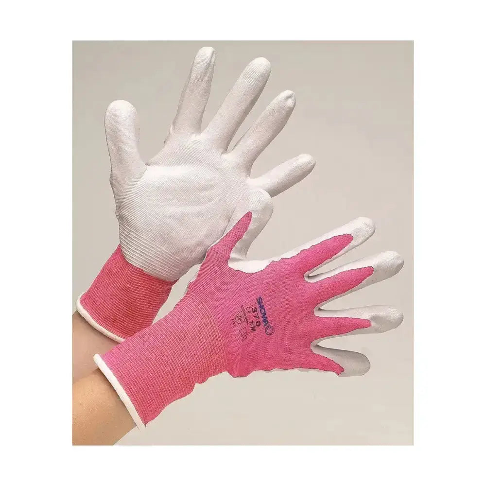 Pink and white hy equestrian multipurpose stable glove with textured grip on fingers for better hold and comfort