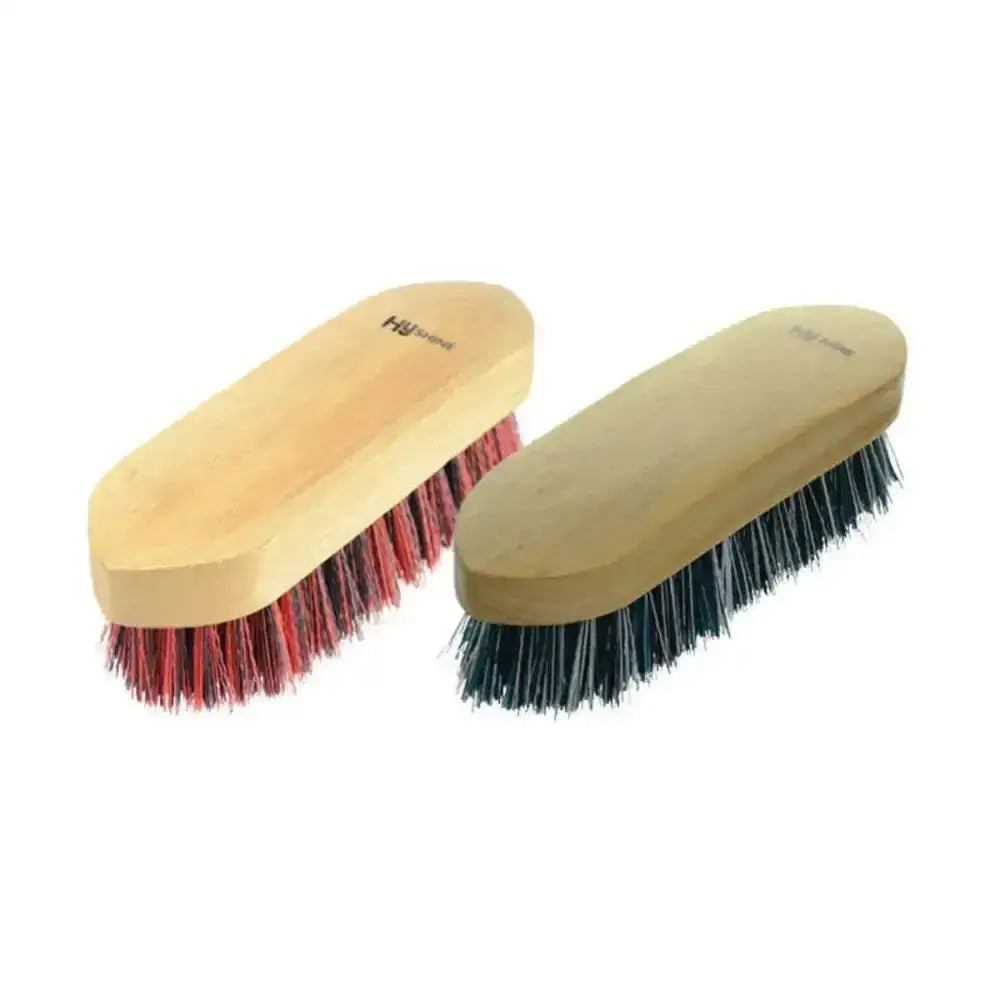 Two wooden-handled dandy brushes large with red and black bristles for grooming horses by hy equestrian natural wooden dandy brush