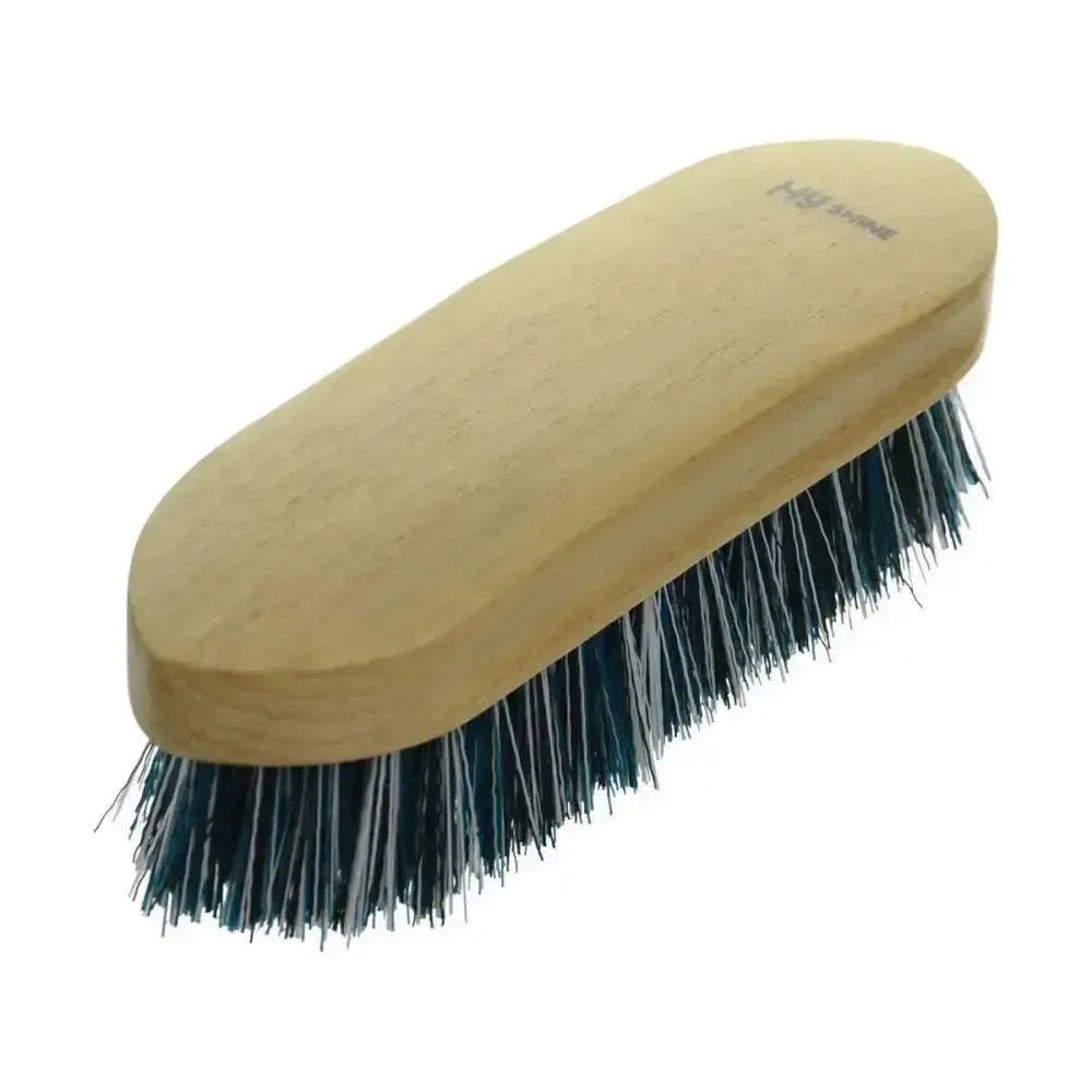 Light-colored wooden equestrian natural wooden dandy brush large with dense dark blue and white bristles