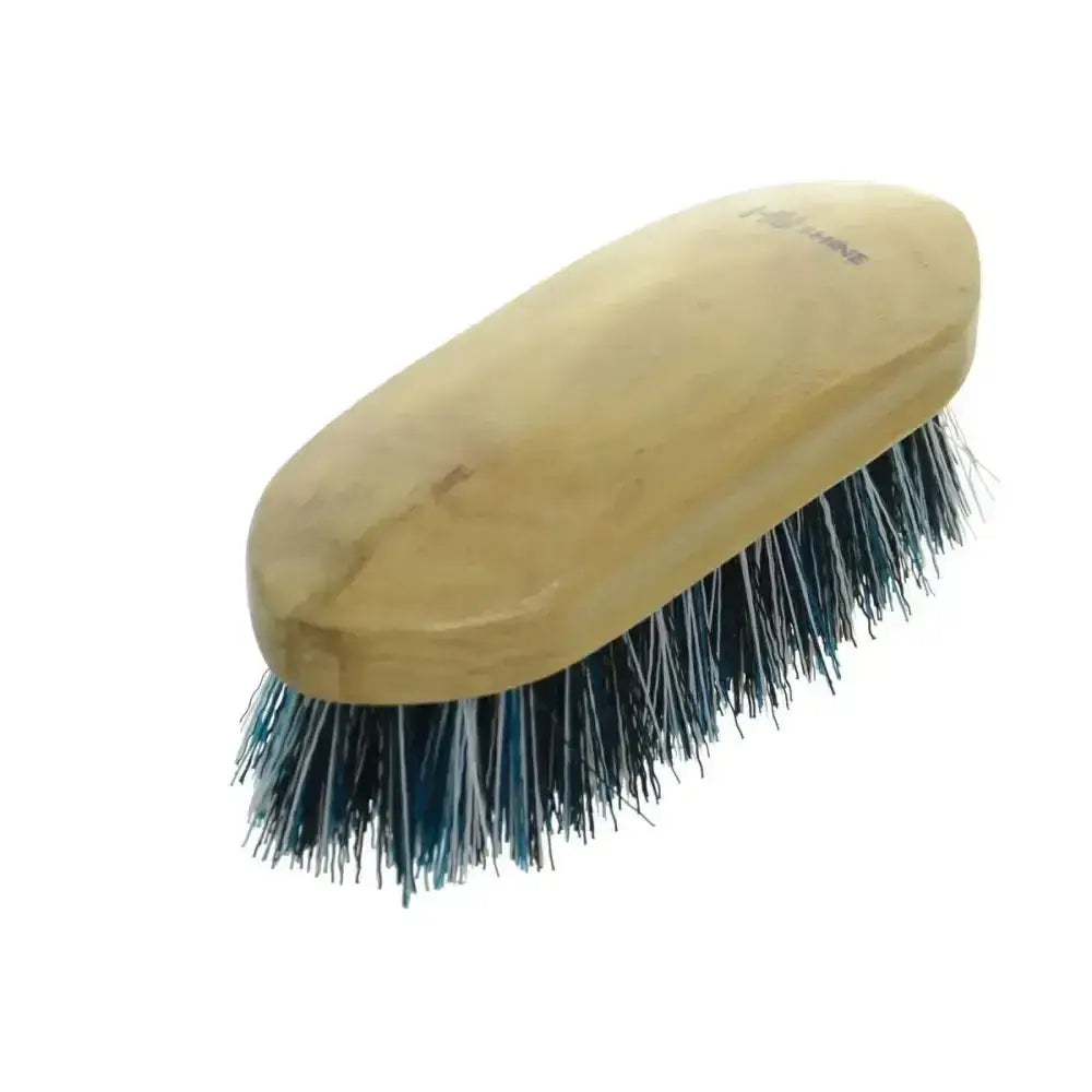 Hy equestrian natural wooden dandy brush medium with light wood and dense dark blue and white bristles for grooming