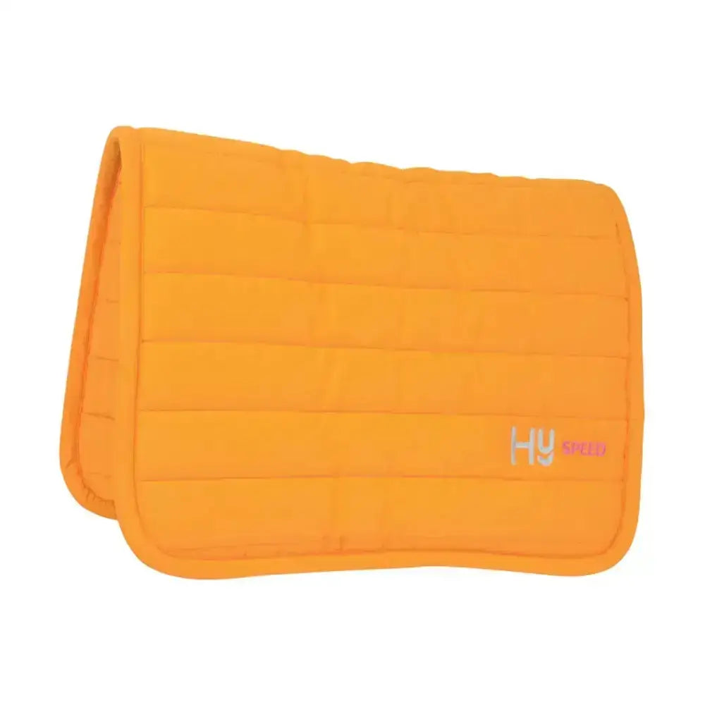 Bright orange quilted hy equestrian neon reversible comfort pad with hy speed branding in pink and gray