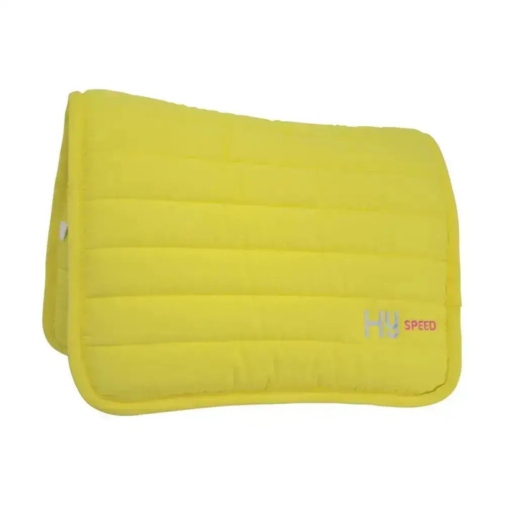 Bright yellow quilted equestrian neon reversible saddle pad with hy speed logo embroidered in pink and gray