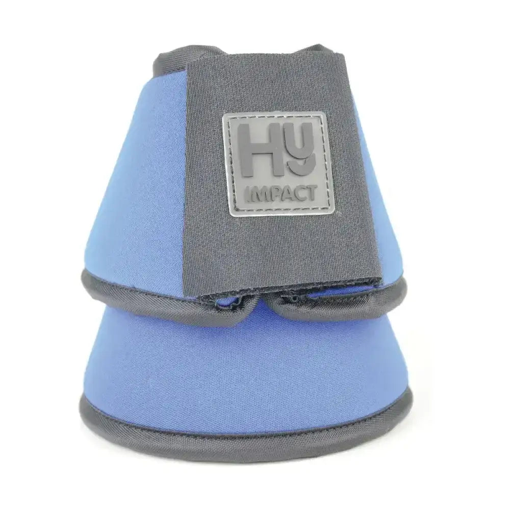 Light blue and gray hy impact horse hoof boot with padded adjustable strap and recessed stitching in equestrian neoprene reach boots