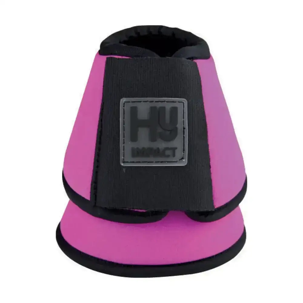Pink and black hy equestrian neoprene over reach boots with recessed stitching and gray hy impact logo patch back view