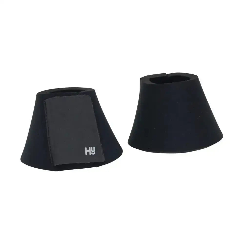Black cone-shaped foam horse bit guards with matte finish and hy logo for heavy duty neoprene equestrian protect reach boots