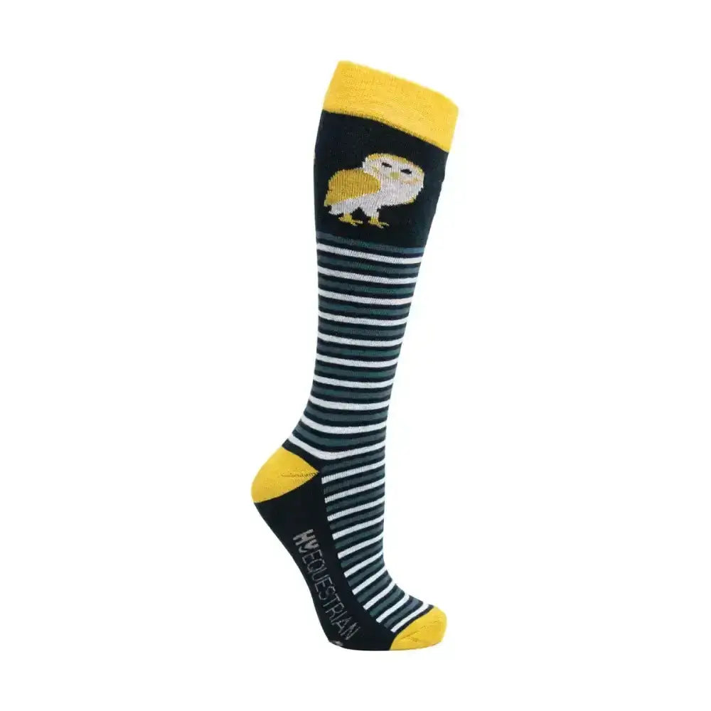 Black and white striped knee-high night owl socks with yellow cuff and cartoon owl design for equestrian night owl fans