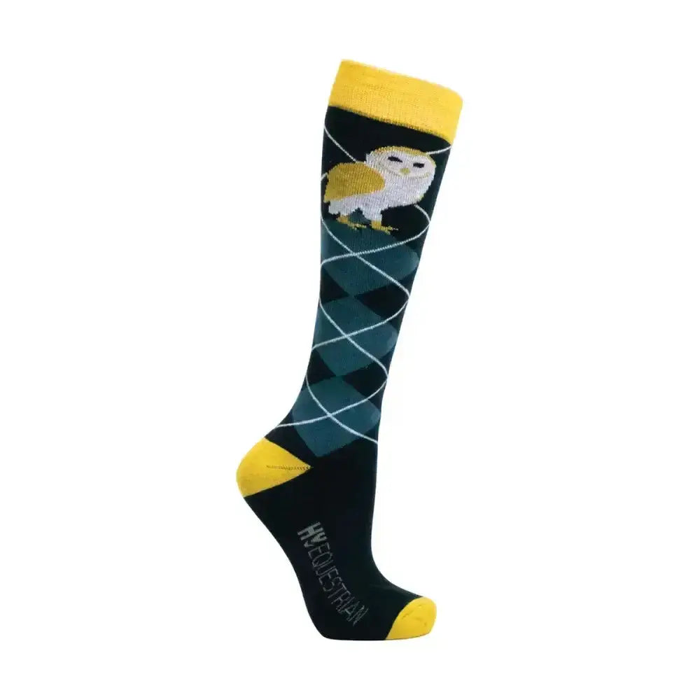 Black and teal argyle knee-high night owl socks with yellow cuff heel toe and white repeated owl pattern by hy equestrian